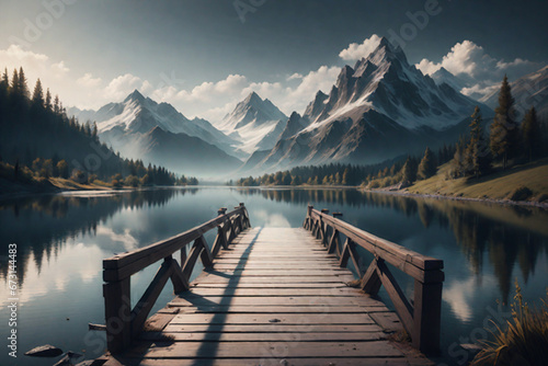 Beautiful empty wooden bridge over a lake with mountains, trees and a blue sky, generative ai

