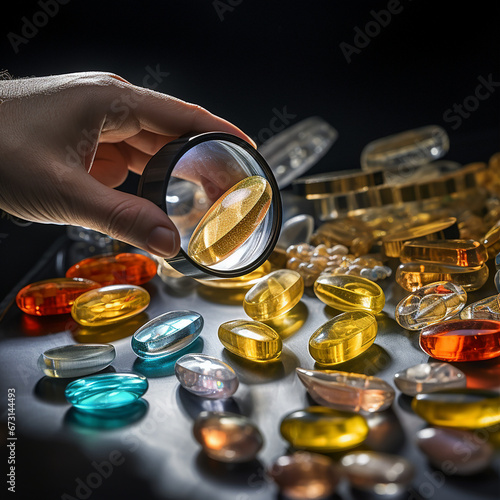 dietary supplements in packages standing, a magnifying glass in hand over them created with Generative Ai