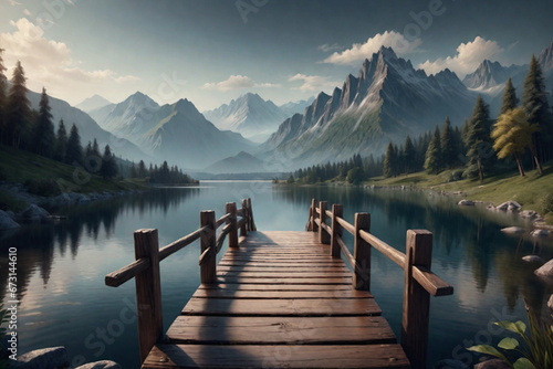 Beautiful empty wooden bridge over a lake with mountains, trees and a blue sky, generative ai
