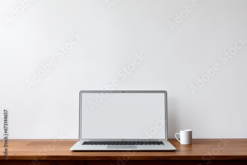 Laptop on table next to a cup. Mock up