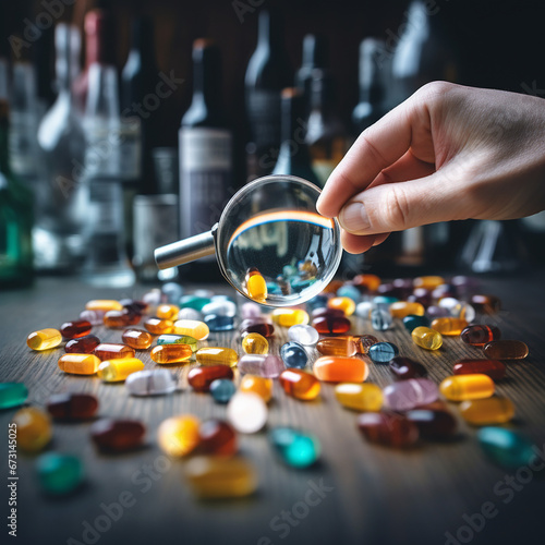 dietary supplements in packages standing, a magnifying glass in hand over them created with Generative Ai