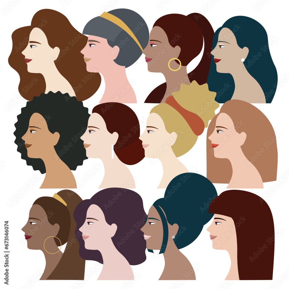 Group of variety strong women portrait with different ethnicities and cultures stand side by side together. Vector illustration for empowering women and leadership concept Group of variety strong women portrait with different ethnicities and cultures stand side by side together. Vector illustration for empowering women and leadership concept