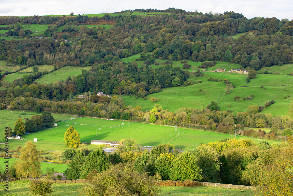 Aerial view of Matlock Rugby club, from Black Rock, in Derbyshire.