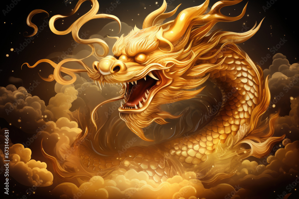 Happy chinese new year 2024 , the glowing dragon zodiac - obrazy, fototapety, plakaty 