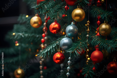 Closeup on christmastree with ornaments and stars generativ ai