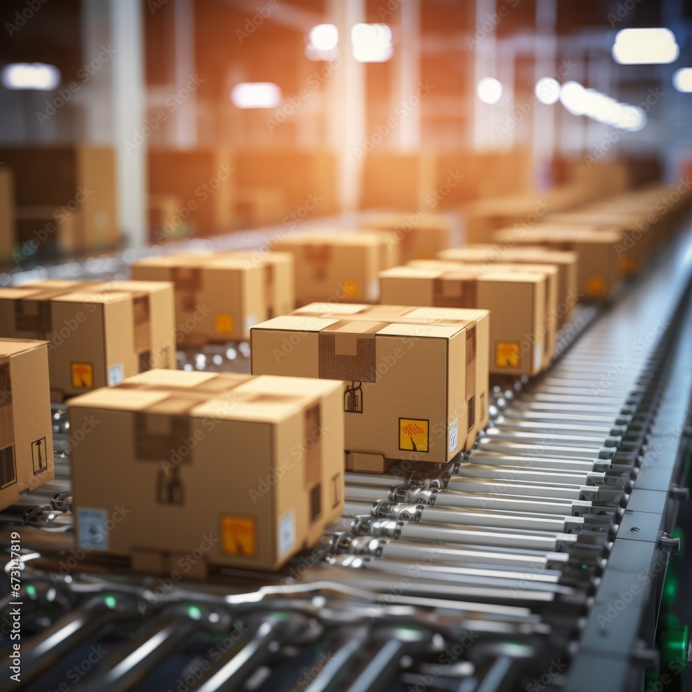 Precision in Motion: A Closeup Glimpse of Cardboard Box Packages Effortlessly Traveling Along a Conveyor Belt in a Fulfillment Center, Illustrating the Dynamics of E-commerce, Automated Delivery, Precision in Motion: A Closeup Glimpse of Cardboard Box Packages Effortlessly Traveling Along a Conveyor Belt in a Fulfillment Center, Illustrating the Dynamics of E-commerce, Automated Delivery,