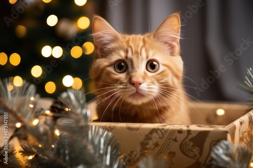 The ginger cat climbed into a box under the tree in a pile of Christmas gifts. The cat is sitting in a Christmas box. Cute pets for Christmas card. Pets and their fun