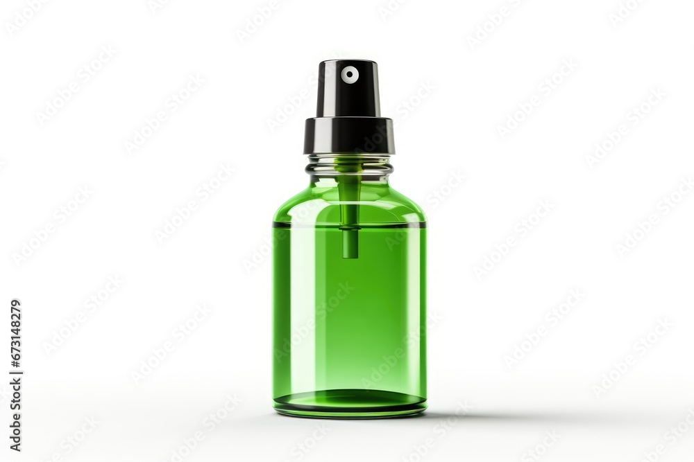 green plastic spray bottle mockup, small liquid container with atomizer pump, white background green plastic spray bottle mockup, small liquid container with atomizer pump, white background