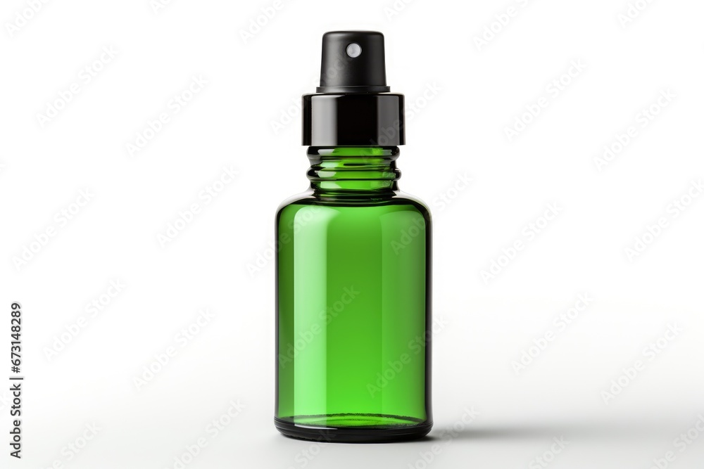 green plastic spray bottle mockup, small liquid container with atomizer pump, white background green plastic spray bottle mockup, small liquid container with atomizer pump, white background
