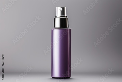 purple plastic spray bottle mockup, small liquid container with atomizer pump, grey background
