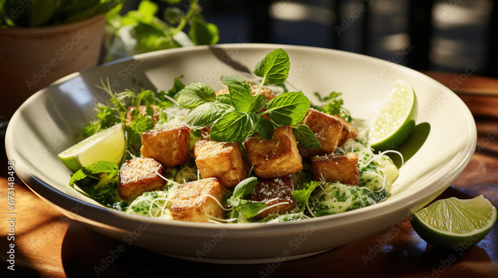 Thai Green Curry with Noodles and Crispy Breaded Tofu Served in a White Bowl on Blurry Background Thai Green Curry with Noodles and Crispy Breaded Tofu Served in a White Bowl on Blurry Background