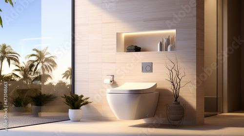 A Wall-Hung Toilet in a Modern Minimalist Bathroom Setting