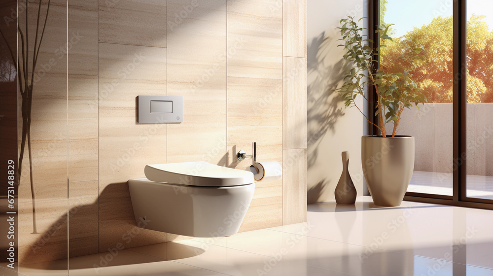 Fototapeta premium A Wall-Hung Toilet in a Modern Minimalist Bathroom Setting