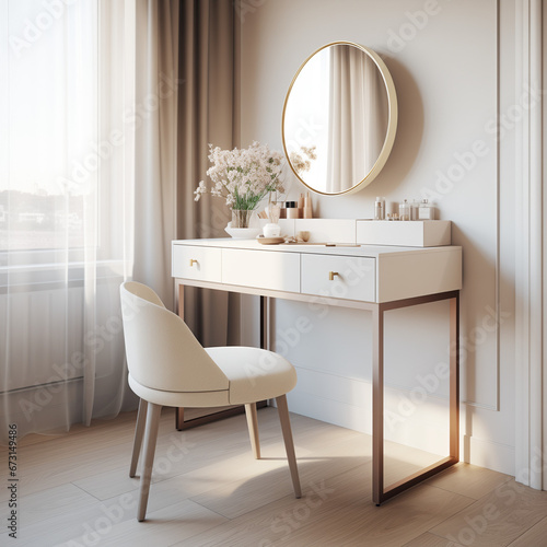 Empty modern, minimal beige dressing table, gold handle drawer storage, twig glass vase, round vanity mirror in cream wall bedroom in sunlight for luxury beauty, cosmetic, generative AI © TimosBlickfang