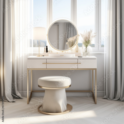 Empty modern  minimal beige dressing table  gold handle drawer storage  twig glass vase  round vanity mirror in cream wall bedroom in sunlight for luxury beauty  cosmetic  generative AI