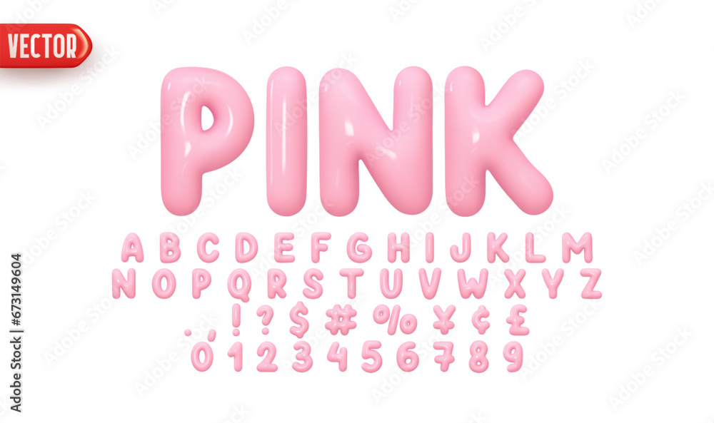 Font realistic 3d design, pink colors. Complete alphabet and numbers from 0 to 9. Collection Glossy letters in cartoon style. Fonts voluminous inflated from balloon. Vector illustration