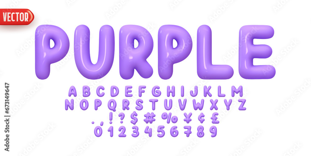 Purple Font realistic 3d design. Complete alphabet and numbers from 0 to 9. Collection Glossy letters in cartoon style. Fonts voluminous inflated from balloon. Vector illustration Purple Font realistic 3d design. Complete alphabet and numbers from 0 to 9. Collection Glossy letters in cartoon style. Fonts voluminous inflated from balloon. Vector illustration