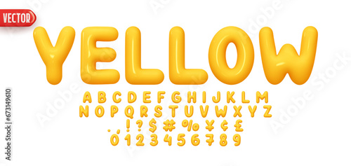 Yellow Font realistic 3d design. Complete alphabet and numbers from 0 to 9. Collection Glossy letters in cartoon style. Fonts voluminous inflated from balloon. Vector illustration