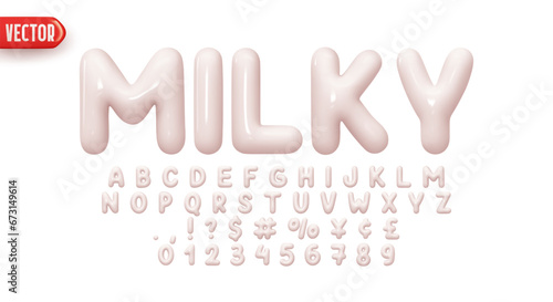 Font realistic 3d design, milky colors. Complete alphabet and numbers from 0 to 9. Collection Glossy letters in cartoon style. Fonts voluminous inflated from balloon. Vector illustration