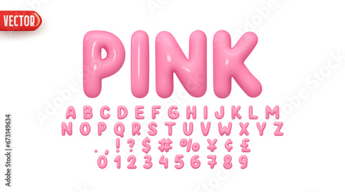 Pink Font realistic 3d design. Complete alphabet and numbers from 0 to 9. Collection Glossy letters in cartoon style. Fonts voluminous inflated from balloon. Vector illustration