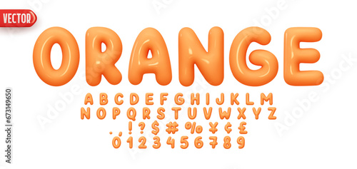 Font realistic 3d design, orange colors. Complete alphabet and numbers from 0 to 9. Collection Glossy letters in cartoon style. Fonts voluminous inflated from balloon. Vector illustration