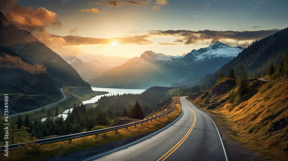sunrise road driving over mountain landscape