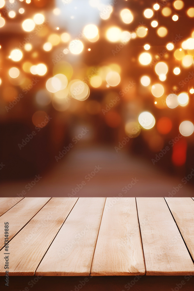 Empty wooden table against beautifully decorated Christmas fair at night with a warm, joyful atmosphere. Mockup table with defocused Christmas market in lights at night