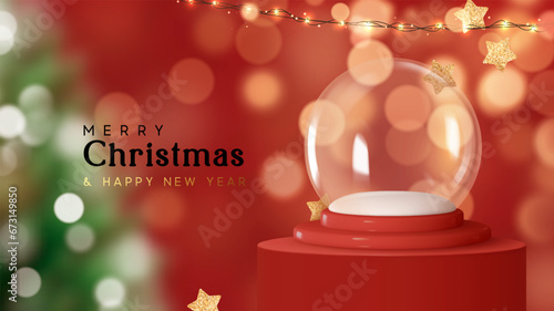 Christmas glass transparent empty magic snow globe on red background with round stand podium for products studio. Realistic 3d scene for mockup products. vector illustration