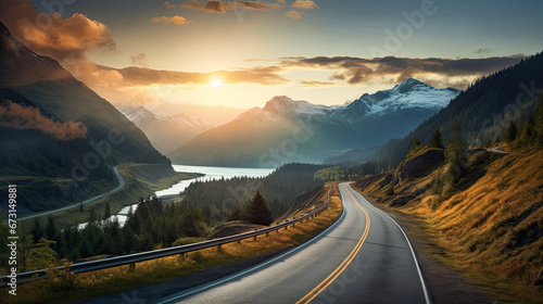 sunrise road driving over mountain landscape © Planetz
