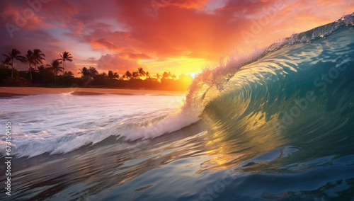 Sunset Sea water ocean wave.