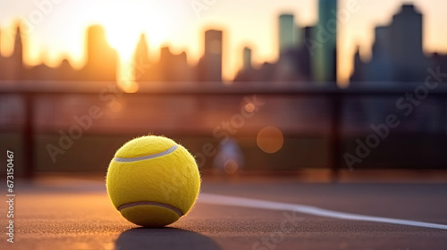 Tennis banner with yellow tennis ball at sunset with copy space,  summer tennis competition. Tennis background. Concept of Healthy sport. Banner size,  © Planetz