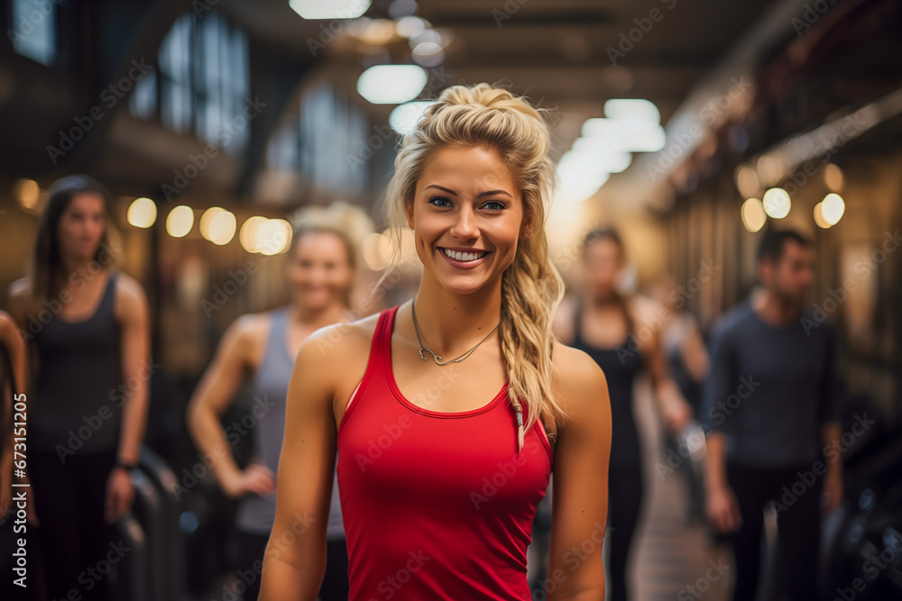 A beautiful gym training blond swedish woman standing in a gym