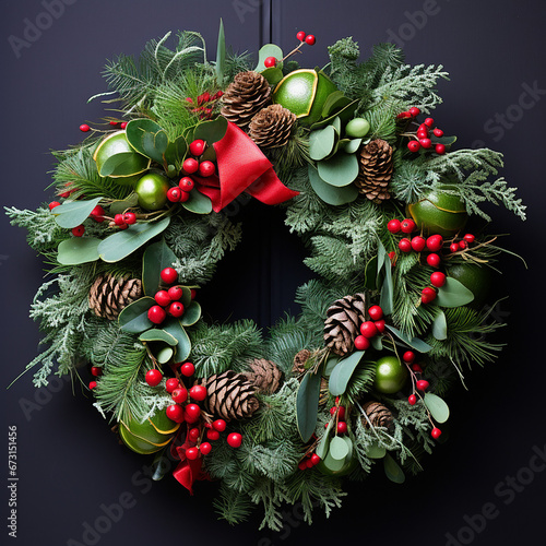 round the tree`s blanch, with green leaves on it, christmas wreath created with Generative Ai photo