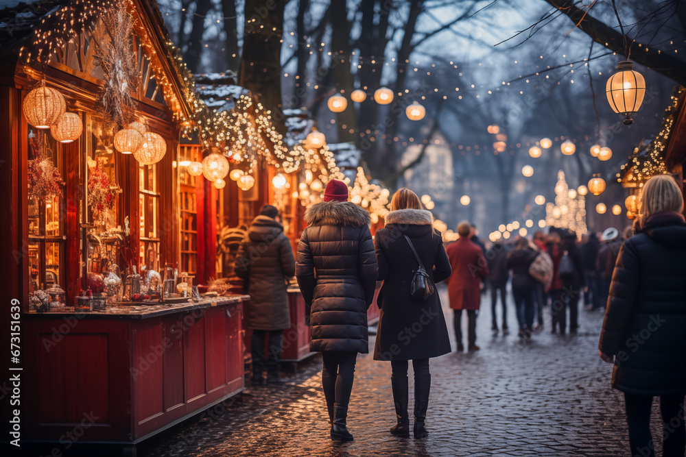 Two woman from behind on a Christmas market in the evening in Germany