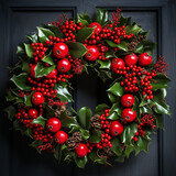 round the tree`s blanch, with green leaves on it, christmas wreath created with Generative Ai