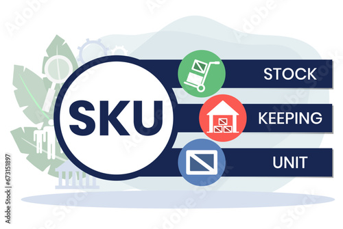 SKU - Stock Keeping Unit acronym. business concept background. vector illustration concept with keywords and icons. lettering illustration with icons for web banner, flyer, landing page