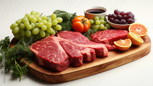Fresh Beef Vegetables and Fruits on Selective Focus Background