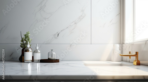 Empty marble bath table for montage of your products opposite white tile wall in elegant bathroom interior with accessories. Concept scene stage for montage product and promotional, mockup © Planetz
