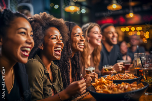 Group of diverse friends enjoying a US sports game at a sports bar © michaelheim