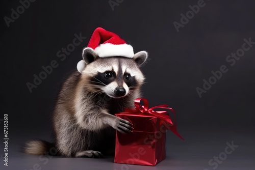 Cute little racoon with santa claus hat holding a present