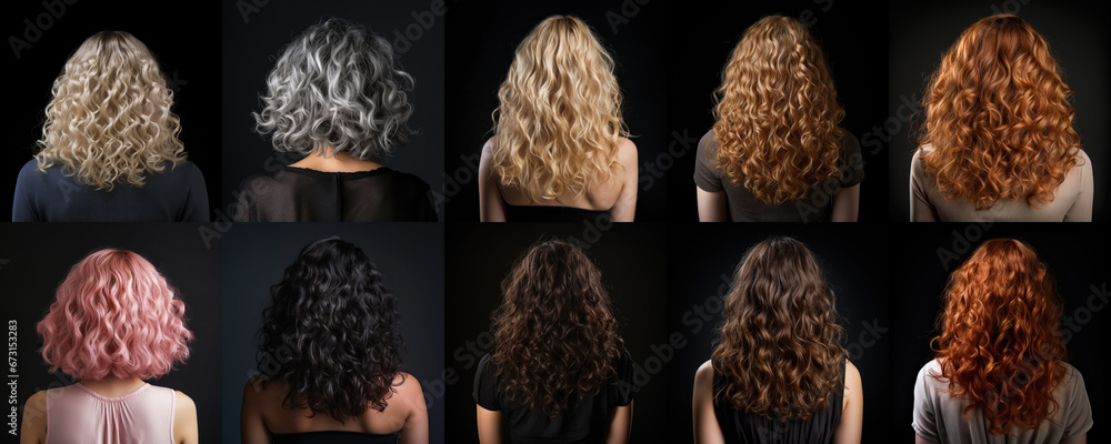 Small perm haircut for woman with different hair colour. View from behind on black background. Generative AI