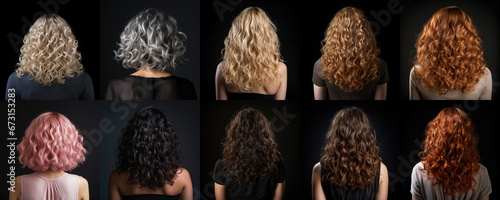 Small perm haircut for woman with different hair colour. View from behind on black background. Generative AI photo