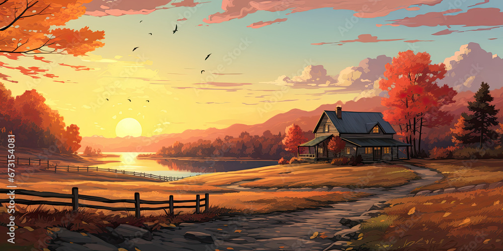 Cabin Core Autumn Landscape Wallpaper