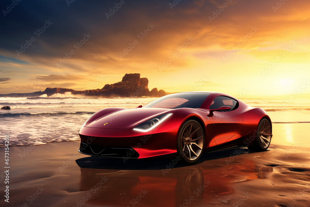 Sleek red sports car on a beach at sunset. Concept of luxury, speed, and freedom. Astro Dust color trend. Design for advertising poster, banner, or background