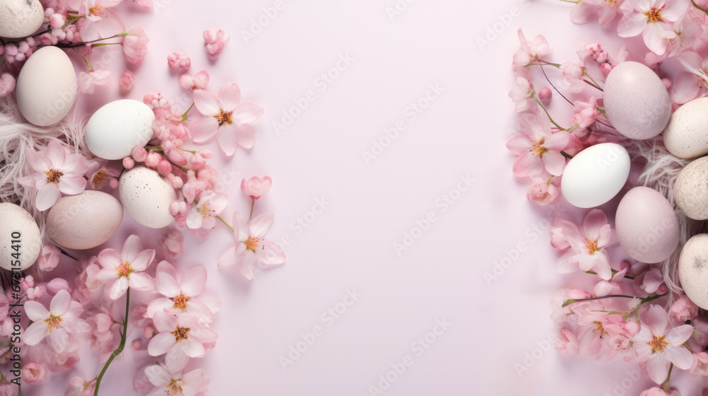 Easter egg and spring flowers on pink background