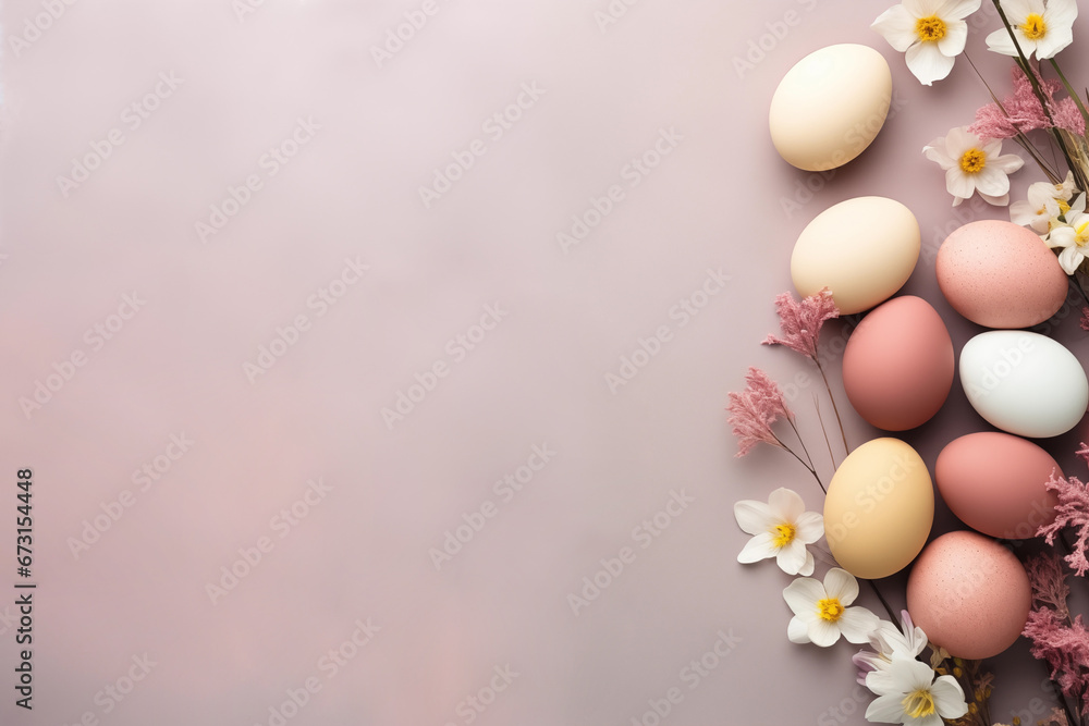 Spring easter holiday with eggs and spring flowers , copy space