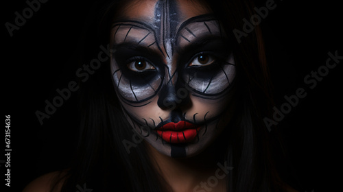 a girl with a painted scary skull mask celebrating the Day of the Dead, Sugar skull girl, a portrait of a woman with a Halloween mask, Halloween night