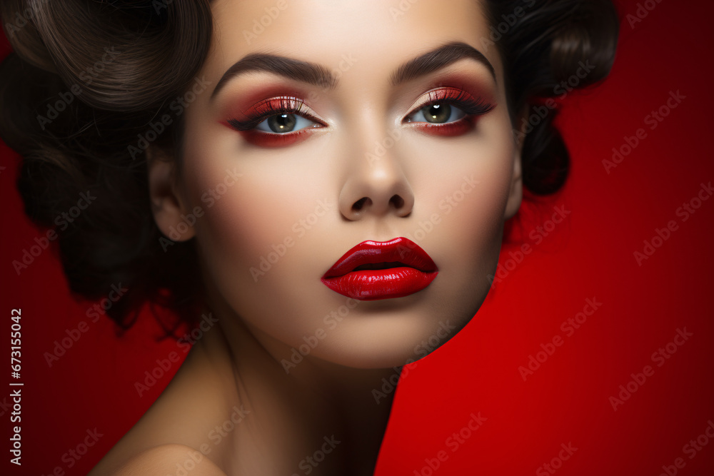 Retro glamour portrait of a beautiful woman with dramatic red makeup. Vintage Hollywood style. Fashion and beauty inspiration. Design for beauty magazines, posters, or cosmetic banners Retro glamour portrait of a beautiful woman with dramatic red makeup. Vintage Hollywood style. Fashion and beauty inspiration. Design for beauty magazines, posters, or cosmetic banners