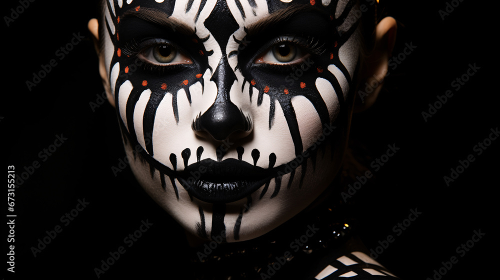 Obraz premium a girl with a painted scary skull mask celebrating the Day of the Dead, Sugar skull girl, a portrait of a woman with a Halloween mask, Halloween night