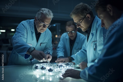 Create a photo of a group of scientists discussing the results of genomic research and gene editing. photo